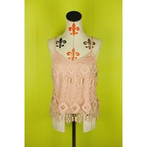 NWT Rebellion Womens Sz Jun L Sleeveless Top Lined Lace Crochet Strap Blush Pink